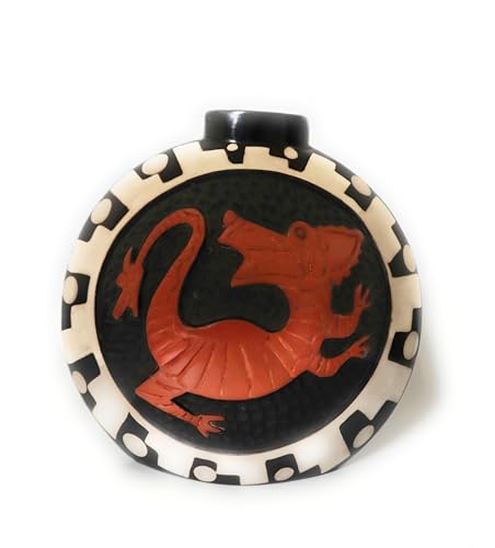 Peruvian Pottery Decorative Smoked Ceramic Chulucanas Embossed Round Vase Dragon and Geometric Design Mochica Moche Culture. Orange, White and Black Color Signed Roger Crisanto 10.75" Tall