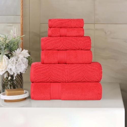 SUPERIOR Cotton Chevron 6-Piece Towel Set, Zero Twist, Quick Dry, Home Essentials, Shower, Spa, Luxury Plush Soft Absorbent Towels, Includes 2 Bath, 2 Hand, 2 Washcloth/Face Towels, Red