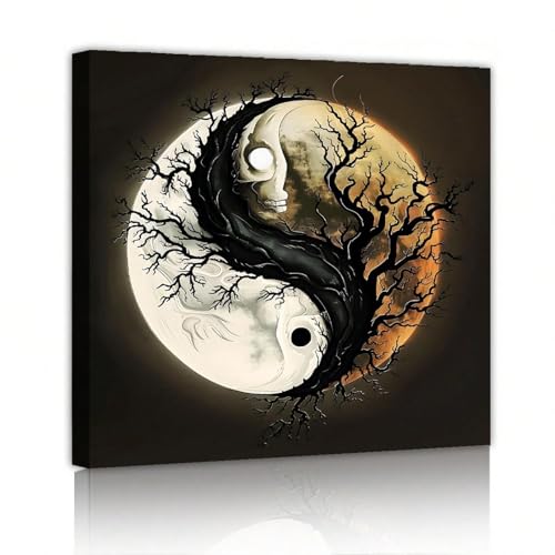 Toile murale vintage Yin Yang noir et blanc grand format 60x60