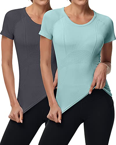 2 Pieces Women Short Sleeve Workout Shirt Seamless Workout Shirts Workout Tops Fitted Top Sports Yoga Athletic Shirt Top (Short Sleeve Mint, Dark Grey, Small) #TOP11