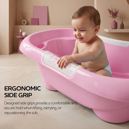 Image of Baybee Lovely Baby Bath Tub for 0 to 5 Years | Ergonomic Bath Tub for Kids with Quick Drain & Storage | Premium Baby Bather with Non Slip Base & Side Grip Bathing Tubs for Boys Girls (Pink)