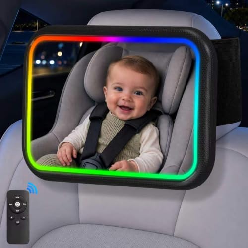 Image of Baby Car Mirror with Light, Car Seat Mirror for Baby for Tesla, Black | 7 RGB Light with Wide Non-Slip Silicone Strap 360 Rotation Adjustable Wide Clear View Shatterproof