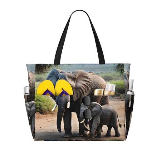 Elephant And Baby Elephant Large Beach Tote Bag Women Beach Tote Bag For Pool Gym Grocery Travel With Multiple Pocket