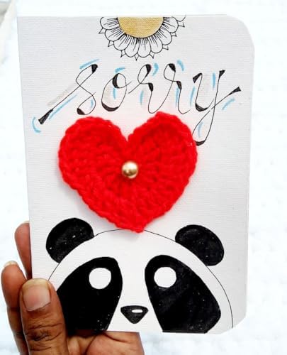 SKAISTA Hand Drawn Panda Sorry Card Handwritten Handknitted Crocheted 3D Red Big Heart Cute Handmade HandLettered Unique Gift 19 * 11cm With Envelope (Panda-Baloon) (Card, Only)