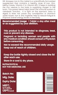 Dr. Morepen Iron & Zinc Tablets|Enriched with Iron,Zinc,Vitamin C & B12|Natural & Safe for Unisex|60 Veg Tablets (Pack of 2), 500 grams