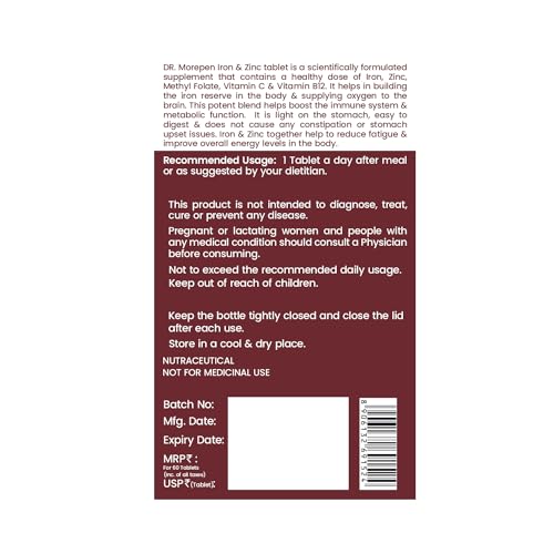 Dr. Morepen Iron & Zinc Tablets|Enriched with Iron,Zinc,Vitamin C & B12|Natural & Safe for Unisex|60 Veg Tablets (Pack of 2), 500 grams