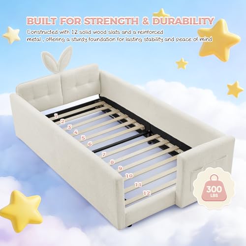 Image of Twin Size Bed Frame for Kids, Upholstered Daybed Frame Floor Bed with Safety Rails and Storage Pocket Cute Rabbit Ear Shaped Headboard for Kids Teens Boys Girls, Beige