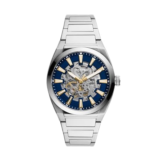 Fossil Relógio masculino automático mecânico de aço inoxidável Everett, Prata/azul, Relógio automático
