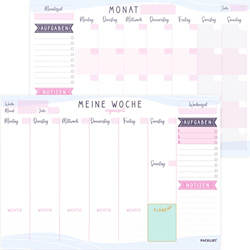 PACKLIST Wochenplaner + Monatsplaner Block A4 ohne Festes Datum. Terminplaner, Familienplaner mit Monatsziel, To-Do-Liste, Notizen, Wichtig, großem Notizfeld - Exklusive Kalender mit ECO-Verpackung