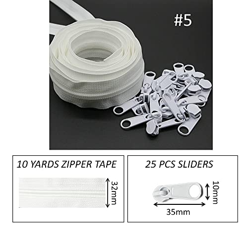 #5 White Nylon Coil Zipper by The Yard Bulk 10 Yards Zipper Tape with 25PCS Zippers Pulls Sliders for DIY Sewing Crafts,Purses,Bags,Clothing,Cushions SHUNLI by SHUNLI - Image 2