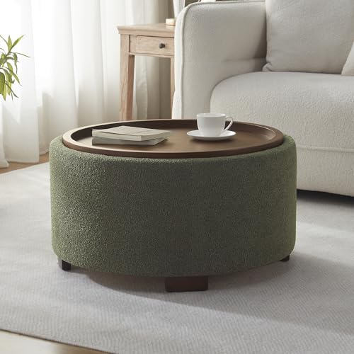 Zihanhome 30 Inch Round Storage Ottoman Coffee Table, Modern Boucle Ottoman with Lift-Off Lid and...