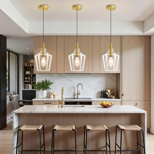 Image of Glass Pendant Lighting for Kitchen Island Entryway 3 Pack Gold Clear 8 Inch | Adjustable cord Dimmable, E26 bulbs, Rust-resistant Damp Rated For Bathrooms, 5-Year Manufacturer Warranty, UL Certification