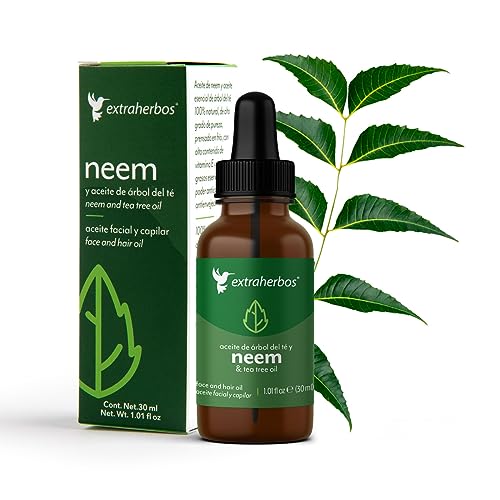 Extraherbos Neem Oil with Tea Tree - Pure Cold-Pressed Anti-Acne Face Oil - Natural Moisturizer for Dry Skin, Blemishes & Scars - Mexican Farm-Grown Skincare - 1 fl oz (30ml)