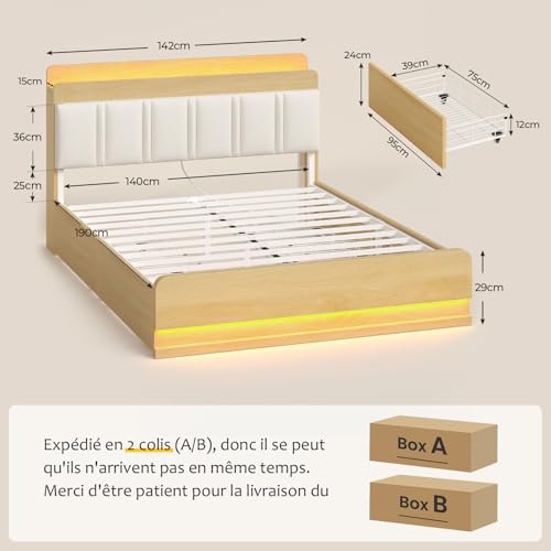 Lit 140x190 LED avec 4 tiroirs & USB-C KIMENICH