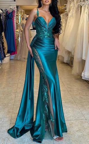 Mermaid Satin Prom Dresses for Women 2025 Spaghetti Straps V-Neck Lace Appliques Formal Evening Party Gown with Slit2