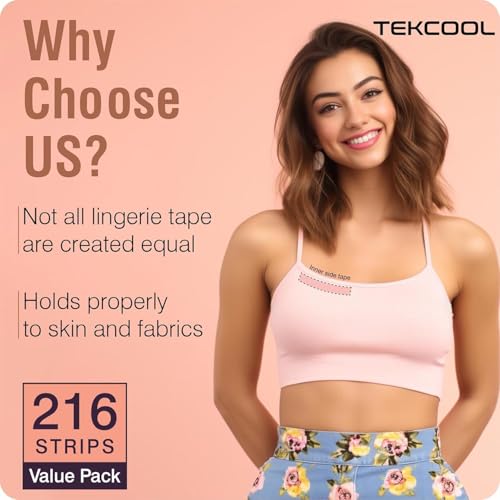 Image of TEKCOOL 216 Strips Double Sided Tape for Fashion, Clothing and Body | All Day Strength Invisible Dress Tape for Women | Gentle to Stick on Skin and Clothes | Transparent (216 Strips);