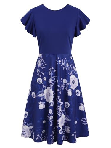 Image of MSLG Women's Fit and Flare Ruffle Short Sleeves Dresses Work V-Back Cocktail Semi Formal A Line Dress with Pockets 842