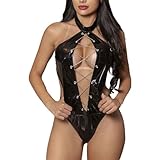 KONFEN Damen Sexy Leder Dessous Sets, Babydoll Bodysuit mit Aushöhlen Offene Front Dekorative Ketten Nachtwäsche, Negligees Hohe Taille Dessous Club Backless Halter Kostüm, Schwarz, Einheitsgröße