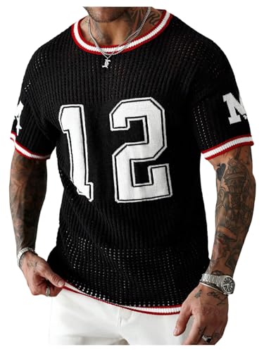 Men's Number Graphic Sweater Hollow Out Crew Neck Short Sleeve Crochet Knit Pullover Jersey Tops