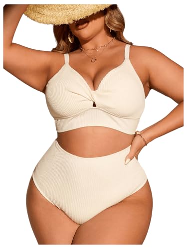 OYOANGLE Women's Plus Size Swimsuits 2 Piece Textured Twist Ruched Bathing Suit High Waisted Bikini Sets