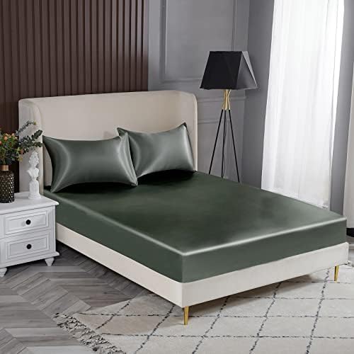 YIYEA Twin Satin Fitted Sheet with Pillowcase, Ultra Soft 16" Deep Pocket Silk Satin Fitted Bottom Sheet, Wrinkle Free, Non-Fading, Breathable, Fully Elasticized - Twin Size, Grey