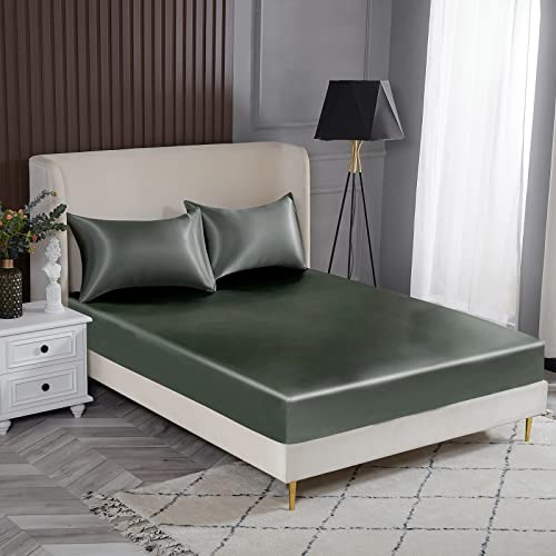 Yiyea Twin Satin Fitted Sheet With Pillowcase, Ultra Soft 16" Deep Pocket Silk Satin Fitted Bottom Sheet, Wrinkle Free, Non-Fading, Breathable, Fully Elasticized - Twin Size, Grey #TOP17