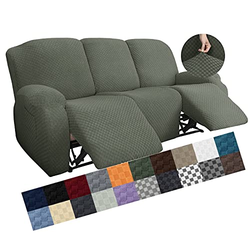 Image of YEMYHOM 8 Pieces Stretch Recliner Sofa Cover Jacquard Reclining Couch Cover with Side Pocket Anti-Slip Fitted 3 Cushion Furniture Slipcovers with Elastic Bottom (Large, Army Green)