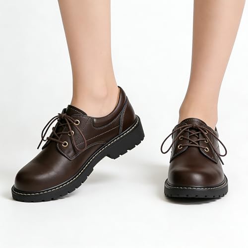 Image of Black Women's Oxford Shoes, Non Slip Work Office Dressy Brogue Shoes | Classic Smooth Leather Lace Up Oxford Brogues, Lightweight Comfort Platform Uniform Shoes for Business School Daily Wear