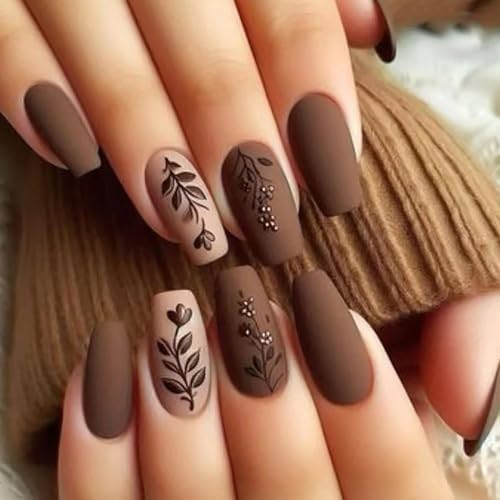 TBRZTR 24Pcs Brown Press on Nails Medium Length Ballet Shaped Nails Matte Fake Nails Brown Flower Patern Design Frosted Acrylic Nails Full Cover Stick on Nails Artificial Glue on Nails for Women