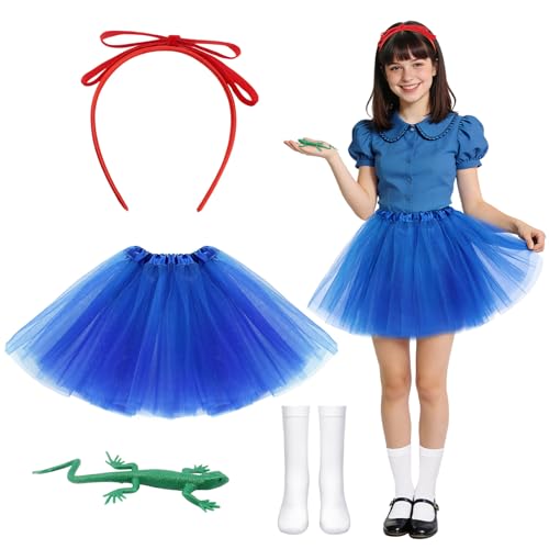 Dazzroi 4Pcs Book Character Costume Set for Women Fancy Dress Kit with Red Bow Headband Blue Tutu Skirt White Stockings Lizard Prop for World Book Day Carnival Cosplay Party