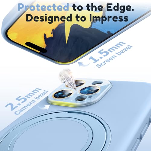 Image of Silicone 360 Spin Magnetic Stand Case for iPhone 16 Pro Max, [Compatible with Mag-Safe][Reinforced Hard Camera Protection] Liquid Silicone Rubber Phone Cover with Ring, Camera Button, Sky Blue
