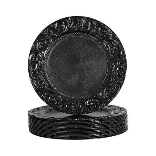 NTNOEA Antique Charger Plates, Bulk 13'' Plastic Embossed Dinner Plate Chargers Round Floral Plates for Wedding Decorative Chargers for Table Dinner Kitchen Party Decoration (Black,150 Pcs)