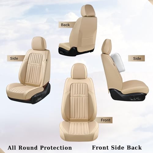 Image of Coverado Front and Back Seat Covers for Cars, Nappa Leather Car Seat Covers, Automotive Seat Covers for Trucks, 5 Seats Waterproof Carseat Protector Car Seat Cover Beige, Universal Fit for Most Cars