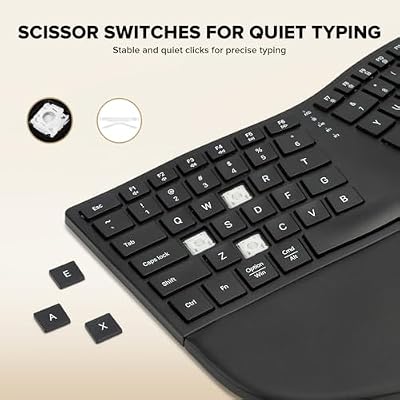 (Upgraded) DELUX Ergonomic Wireless Keyboard w Cushioned Wrist Rest, Wave Keys, 2.4GHz & Bluetooth Connection, Full Size Wireless Rechargeable Computer Keyboard for Windows, Mac OS, Laptop, PC (GM909)