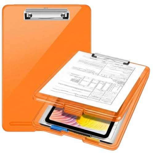 Image of Yajnas Clip Pad /Clipboard with Built-in Storage Compartment and Pen Holder - Durable, Lightweight Writing Pad with Snap Closure - Ideal for Office, School, Fieldwork (Orange Colour)