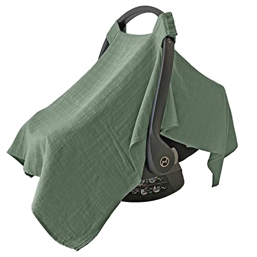 Image of MOZAH 100% Organic Muslin Carseat Cover Boy or Girls Muslin Car Seat Cover Car Seat Cover for Babies (Roman Green)