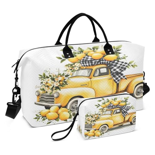 Travel Gym Bag, Lemon Yellow Old Fashioned Truck Weekender Overnight Duffle for Women with Toiletry Bag Travel Swim
