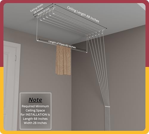 Image of Amiraj Individual Drop Down Ceiling Clothes Drying Stand | Heavy Duty Stainless Steel Cloth Dryer | UV Protected Nylon Ropes | Rust Proof Space Saving Laundry Rack | 6 Pipes, 5 Feet | Balcony & Indoor