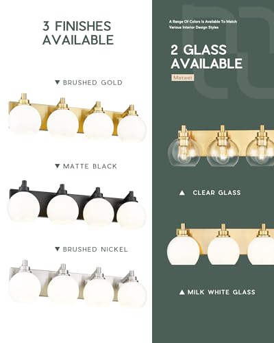 Image of Bathroom Light Fixtures, 4 Light Brushed Gold Vanity Light, 26 Inch Modern Wall Sconces with Globe Milk White Glass Shade, Vanity Lighting Fixtures Over Mirror, VL195-BG-ML-4