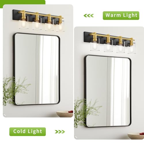 Image of Bathroom Vanity Light,4 Light Matte Black and Gold Light Fixture with Thickened Clear Glass Shade, 30 inch Modern Wall Sconce, Bathrooms Vanity Light Over Mirror for Bathroom