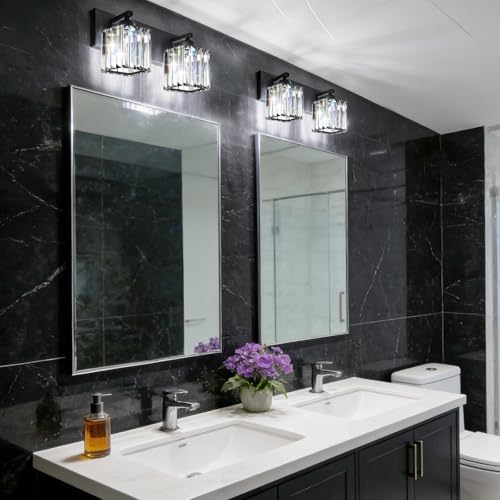 Image of Black Crystal Bathroom Vanity Light, 2-Light Modern Bathroom Lighting Fixtures Over Mirror, Matte Black Wall Sconce with Square Shade