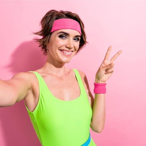 Image of Civaner 12 Pcs 80 90s Neon Sweatbands Soccer Baseball Headbands Wristband Set for Men Women Party Cotton Headbands Terry Cloth Athletic Sweat Bands for Tennis Football Gym Outdoor
