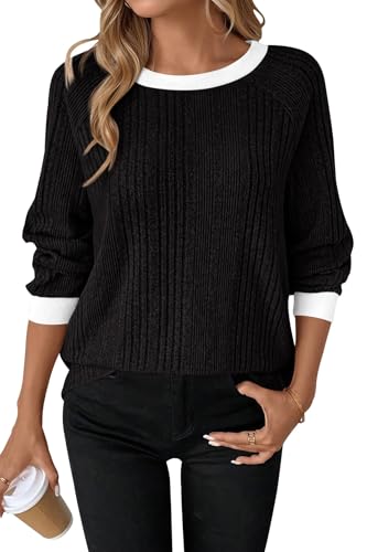 Awinclo Long Sleeve Shirts for Women 2025 Casual Solid Loose Fit Basic Tshirts Cute Cozy Crewneck Business Womens Tops Fall Fashion Warm Knitted Contrast Pullover Tunics Black Small