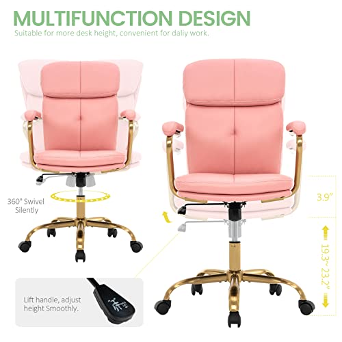 Mfd Living Home Office Chair, Modern Upholstered Mid-Back Pu Leather Task Desk Chair With Arms, Adjustable Rocking Swivel Computer Chair With Wheels (Pink) #TOP4