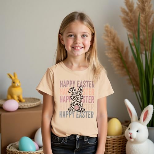 Kid Girls Easter Shirts Happy Easter T-Shirt Funny Leopard Bunny Outfit Short Sleeve Tees Tops Holiday Clothes 7-12Y2