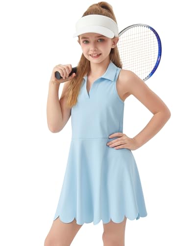 WOWENY Girls Tennis Dress Sleeveless Pickleball Athletic Dress Golf Outfit Detachable Shorts with Pockets Scalloped Hem(Baby Blue M)