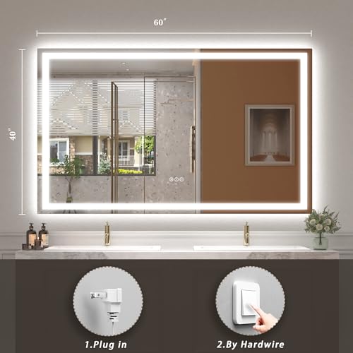 Image of 60x 40 Inch Lighted Bathroom Mirror for Wall, LED Illuminated Vanity Mirror with Lights, Dimmable, Anti-Fog, ETL Listed (Backlit and Front Lighted)