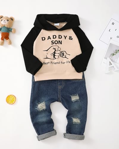Image of Renotemy Toddler Baby Boy Clothes Denim Outfits Infant Hooded Sweatshirt Jeans Pants Little Boys Clothing
