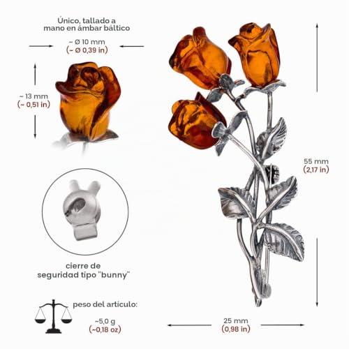 Miniatura 2 de Ambedora - Broche Para Mujer, Plata 925, Oxidada, Color Ámbar Báltico Tallado A Mano, Broche Con Tres Rosas De Ámbar, Cierre De Seguridad, Caja De Regalo