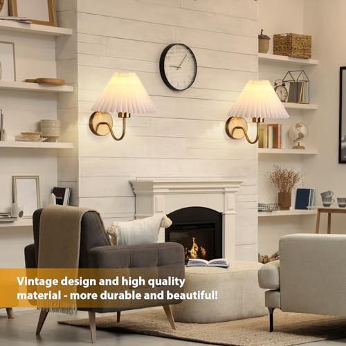 Image of Gold Wall Sconces Sets of 2, Indoor Wall Light Fixtures with Fabric Lampshade, Pleated Fabric Wall Lamp Dresser Hardwired Lamp Wall Lighting Fixture for Bedroom Living Room Porch Dining Room
